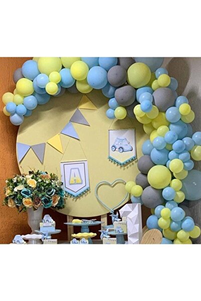 BAL10 DÜNYASI Pastel Blue-yellow- Gray Balloon 60 Pieces + 5 Mt. Balloon Chain