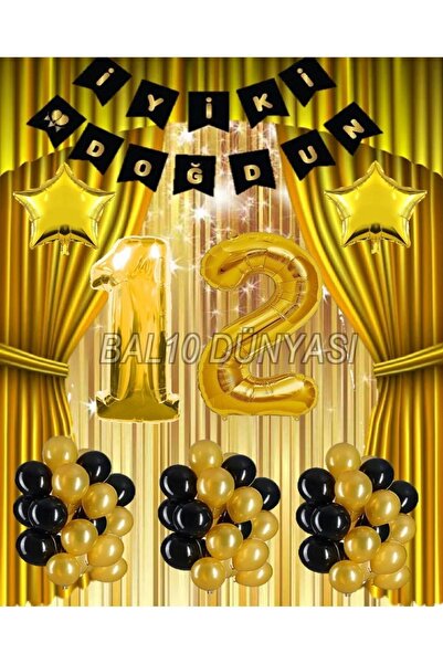 BAL10 DÜNYASI Gold Renk Yıldız Folyo Banner Balon Seti 12 Yaş