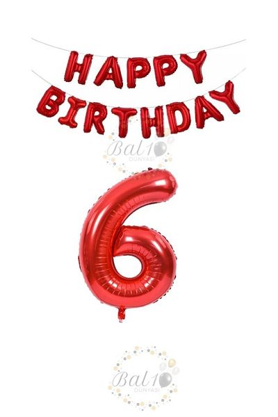 BAL10 DÜNYASI Red Color Happy Birthday and Number Foil Balloon Set Age 6