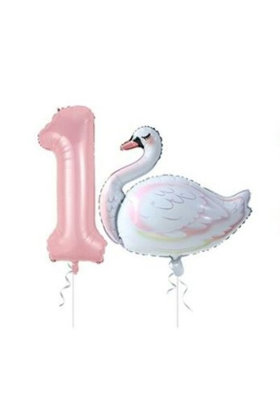 BAL10 DÜNYASI Bal10 Kuğu Balon Pembe Rakam Folyo Balon Set Yaş 1
