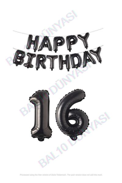 BAL10 DÜNYASI Happy Birthday Black Color Foil Balloon and Number Set Age 16