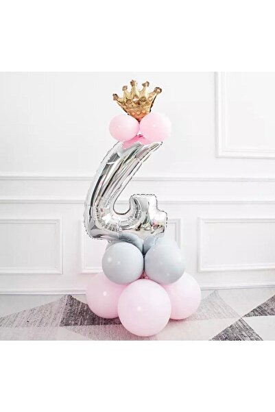 BAL10 DÜNYASI 4 Year Old Silver Number And King Crown Foil Balloon Birthday