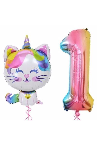 BAL10 DÜNYASI Unicorn Cat Balloon Rainbow Colorful Number Birthday Set Age 1