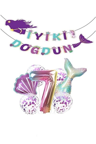 RÖNESANS PARTİ مجموعة بالونات عيد ميلاد حورية البحر لعمر 7 سنوات