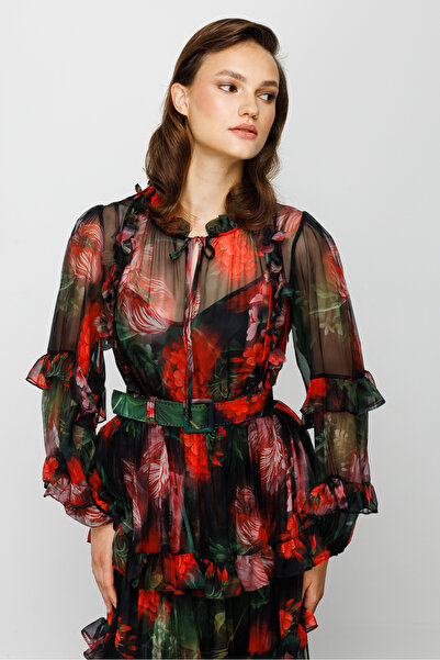 Nefeli Floral Desen Katlı Kemerli Kırmızı Elbise