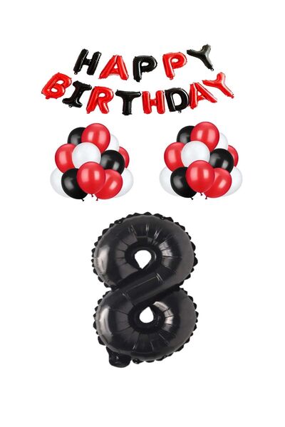 BAL10 DÜNYASI Black Red Happy Birthday Black Number Foil and Latex Balloon Se...