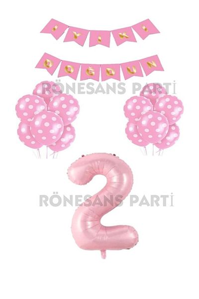 BAL10 DÜNYASI Happy Birthday Written Pink Colored Balloon and Number Set Age 2