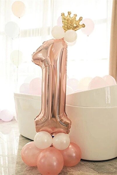 BAL10 DÜNYASI 1 Year Old Rose Gold Number Balloon Golden King Crown Balloon Set