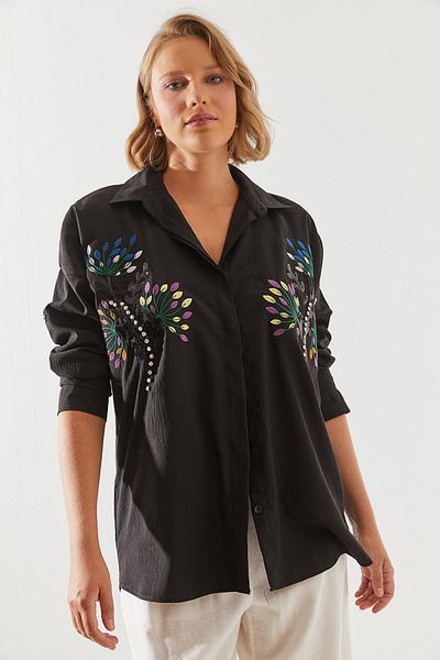 Bianco Lucci Stone Leaf Embroidered Oversize Women's Shirt - 5929 60251482