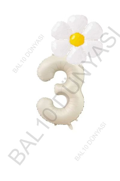 BAL10 DÜNYASI Beige Number and White Daisy Foil Balloon Set Age 3