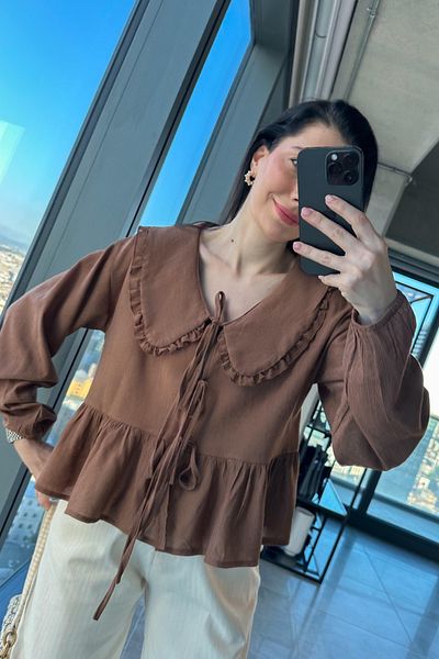 My Blog Cămașă maro casual cu guler și șireturi pentru bebeluși