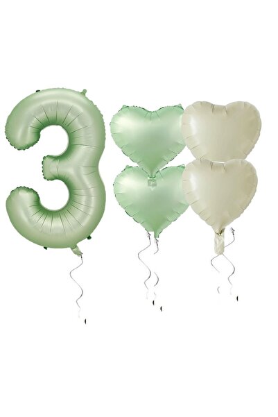 BAL10 DÜNYASI Age 3 Water Green Number Heart Foil Balloon Set