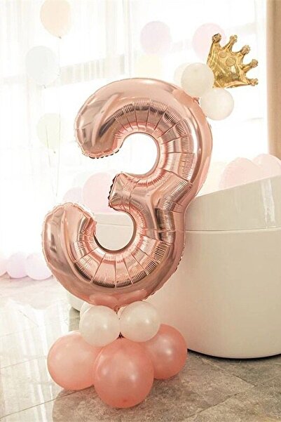 BAL10 DÜNYASI 3 Year Old Rose Gold Number Balloon Gold King Crown Balloon Set