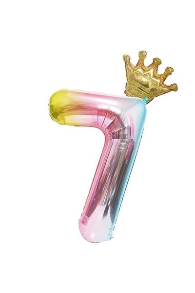 BAL10 DÜNYASI 7 Yaş Gökkuşağı Rakam Ve Kral Tacı Folyo Balon Doğum Günü Parti...