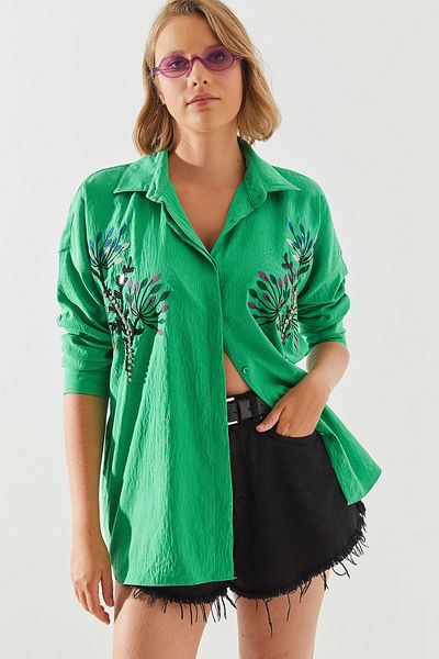 Bianco Lucci Stone Leaf Embroidered Oversize Women's Shirt - 5929 60251482