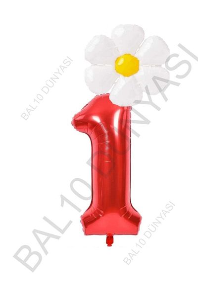 BAL10 DÜNYASI Red Number and White Daisy Foil Balloon Set Age 1