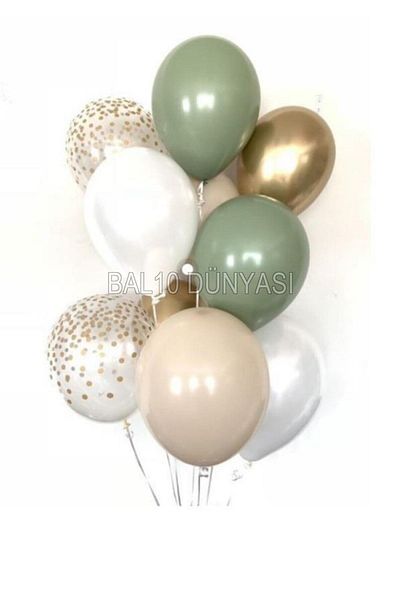 BAL10 DÜNYASI Mold Green-white-tan Color-chrome Transparent Balloon Bunch with Gold-confetti