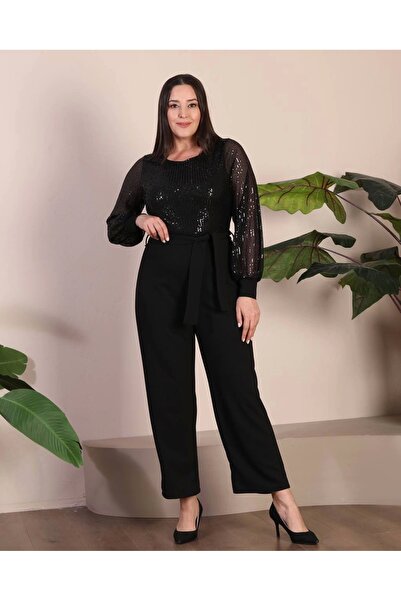 ModaSehle Büyük Beden Pul Payet Detaylı Bisiklet Yaka Kuşaklı Abiye Tulum