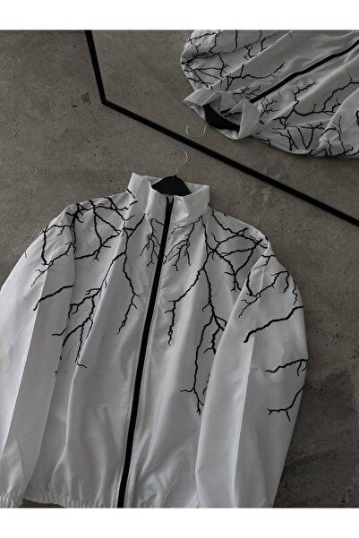 Richarlison Unisex Beyaz Siyah Yıldırım Baskılı Tam Fermuarlı Yağmurluk & Rüz...