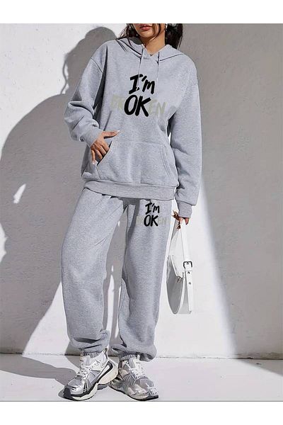 MODARİCH Im Broken Sweatshirt Jogger Tracksuit Set - Γκρι στάμπα, με κουκούλα
