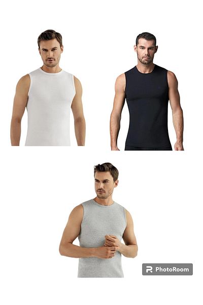Ceylanoğlu Men's Rib Tank Top - Set of 3 White, Black, Gray, 100% Cotton, Crew Neck, Crew Sleeve - Versatile Elegance and Comfort