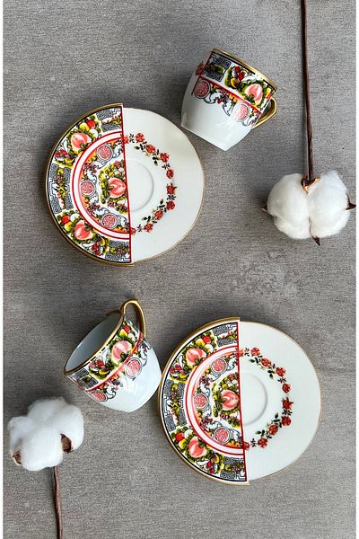 porselenden Kütahya Two Patterned, Double Patterned Rosa Series Porcelain Coffee Cup Set for 2 Persons