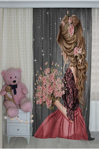 Bebişim Halı Girl's Double Winged Nostalgic Flower Patterned Children's Room - Background Curtain