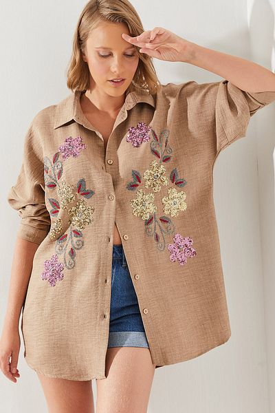 Bianco Lucci Sofia Linen Women's Shirt - Sequin Sequin Embroidery, 60181010