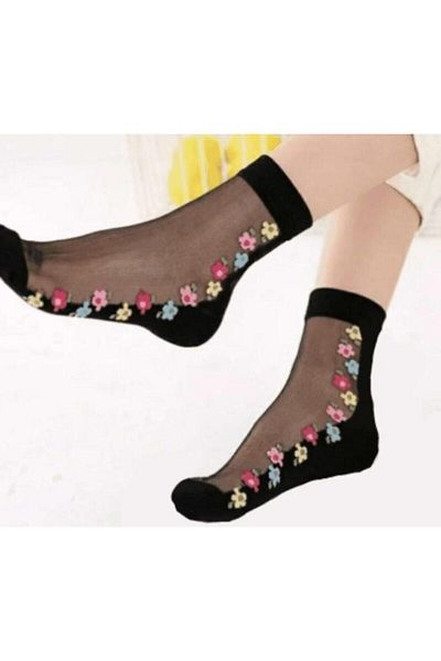 Miss Madam Women Socks Чорапи от тюл с флорални шарки, 3 броя
