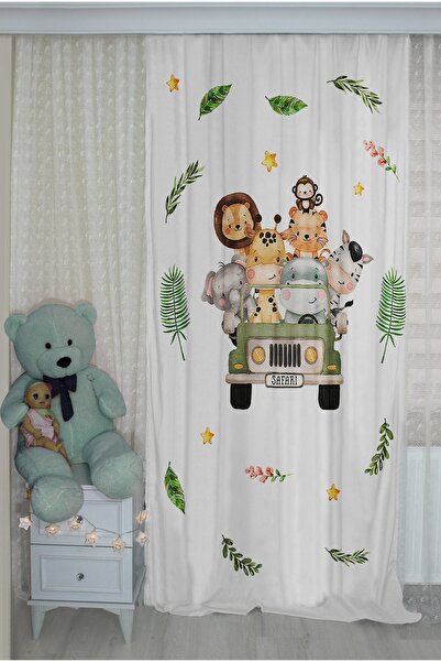 Bebişim Halı Double Wing Safari Cute Animal Patterned Children's Room - Background Curtain