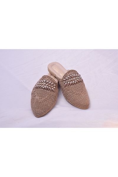 FEMME FATALE Mink Knitwear Stone Slippers - Gold Color