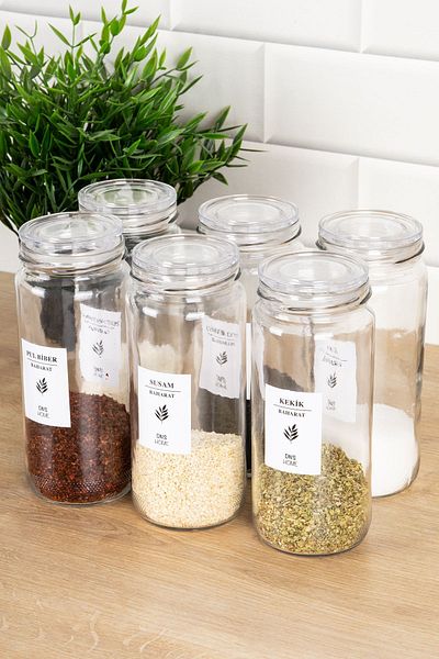 DNS HOME 6-Piece Glass Jar Set Spice Jar Set Storage Container Spice Jar Set with Label 500 ml