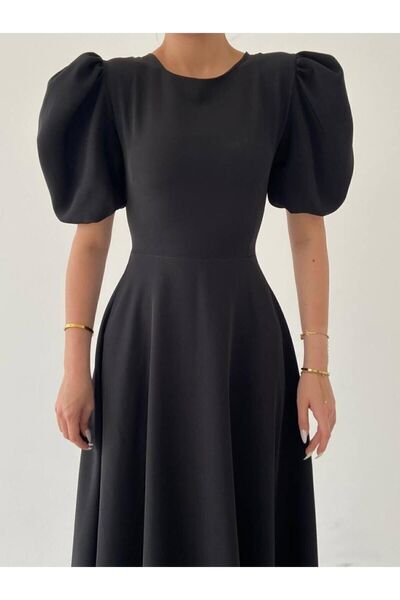 Genel Markalar - Siyah Karpuz Kollu Midi Boy Elbise