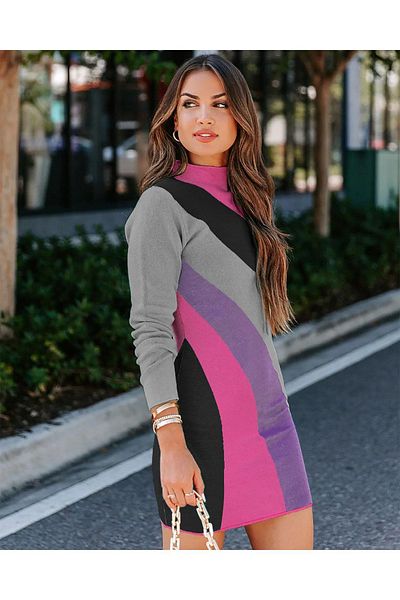 AQE FASHION Rainbow Patterned Half Turtleneck Half Turtleneck Mini Black Knitted Knitwear Dress