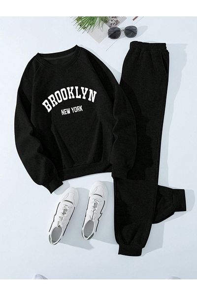 MODARİCH Σετ αθλητικής φόρμας Brooklyn New York με στάμπα μαύρη Jogger - Crew Neck