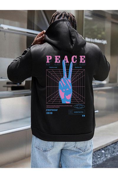 DEEPSENCE Men'S Black Hooded SweatShirt - Back Peace Printed