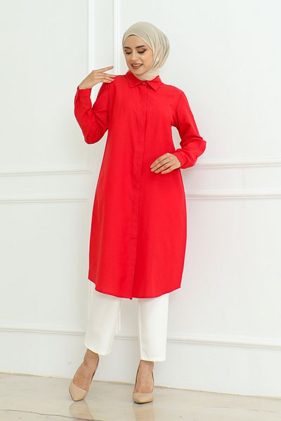 Eliva Red Long Hijab Tunic - Women's, Long Sleeve and Buttoned Collar