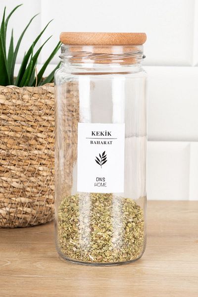 DNS HOME Set of 6 Wooden Spice Jars with Vacuum Lids, Labeled Glass Jar Storage Container 500 ml