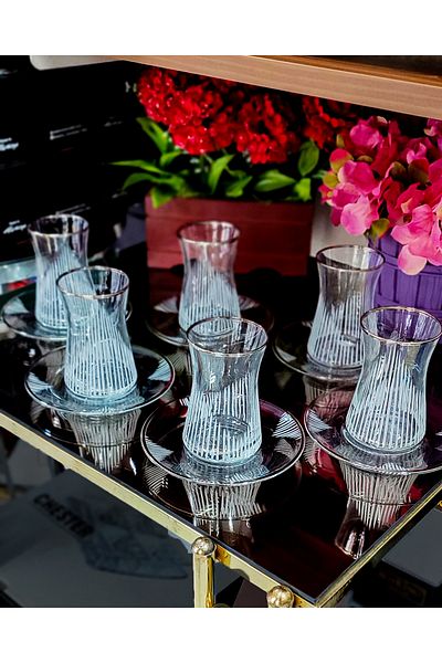 SEÇKİNEV 12 Piece Silver Tea Set - Pasabahce Glass Saddlebag Eiffel