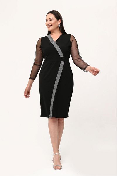 Butik Nilyam Plus Size Double Breasted Collar and Long Tulle Sleeve Glitter Midi Evening Dress - Stretchy Black 24085