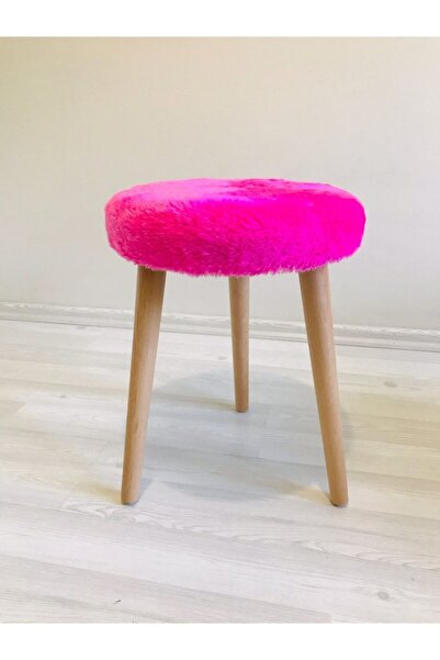 Neta Trade Neta Home Ahşap Ayak Dekoratif Fuşya Pelüş Puf Tabure Bench Yuvarl...