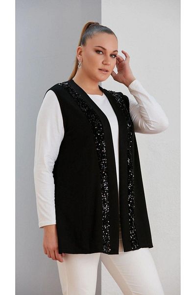 TUSSE Large Size Viscose Women's vest - Classic Sequin and Piping Detail