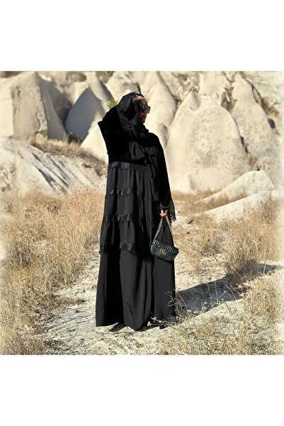 busrasdesign Velvet Kadın Tesettür Boydan Siyah Renk Abaya Ferace