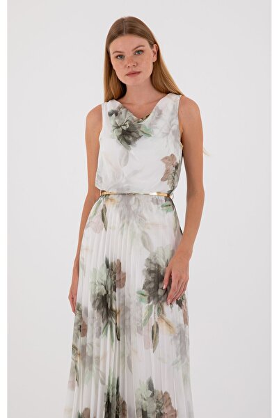 ŞEYDA ERTEM Rochie cu pliuri cu model floral verde