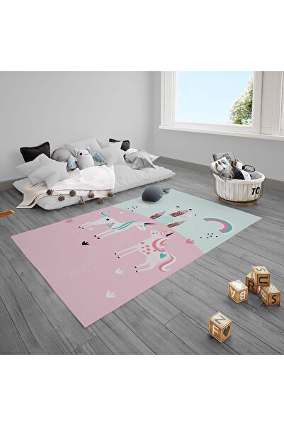 CİCİ ODAM Çocuk Bebek Odası Halısı Unicornlu Atlar Şato Gökkuşağı