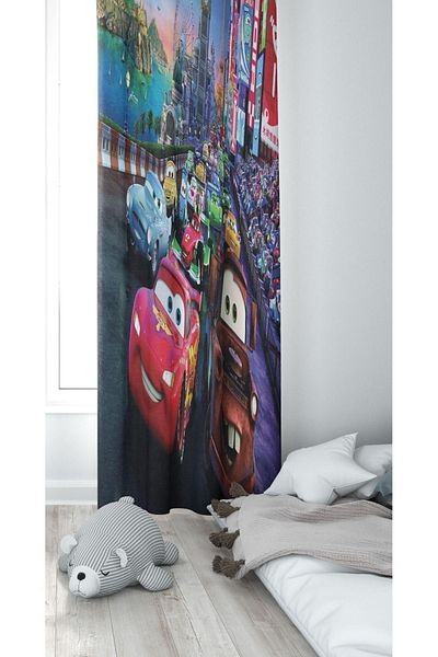 CİCİ EKO 1 Wing Lightning Mqqueen Cars Laser Edge Cut Fine Honeycomb Fabric Decorative Children's Room Curtain