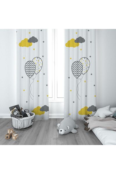 CİCİ ODAM 1 Wing Children's Room Curtain Background Curtain Yellow Gray Starry Balloon and Cloud