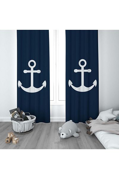 CİCİ ODAM 1 Wing Children's Room Curtain Background Curtain Navy Blue Floor Anchor