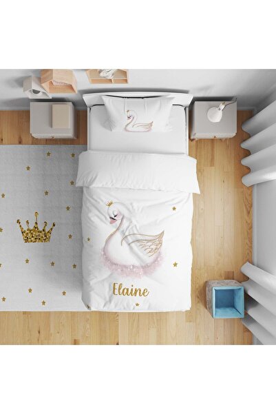 CİCİ ODAM Çocuk Yatak Örtüsü Hediye Yastık Kılıfı Taçlı Kuğu Serpme Yıldızlı
