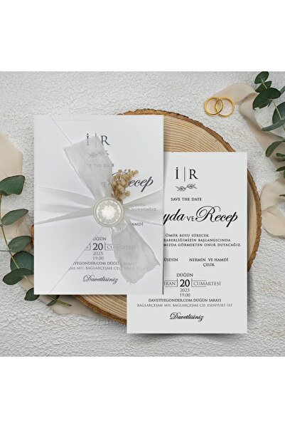 GNDR Mühürlü Kurdeleli Çiçekli Üçgen Kapaklı Davetiye - KC55117